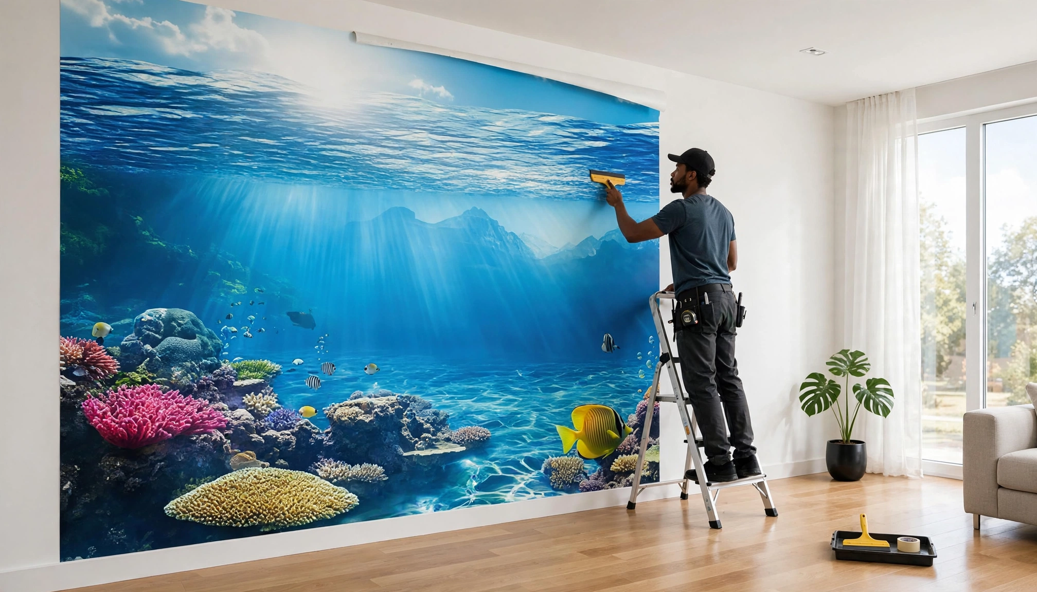 Installing a large-format wall mural in a living room